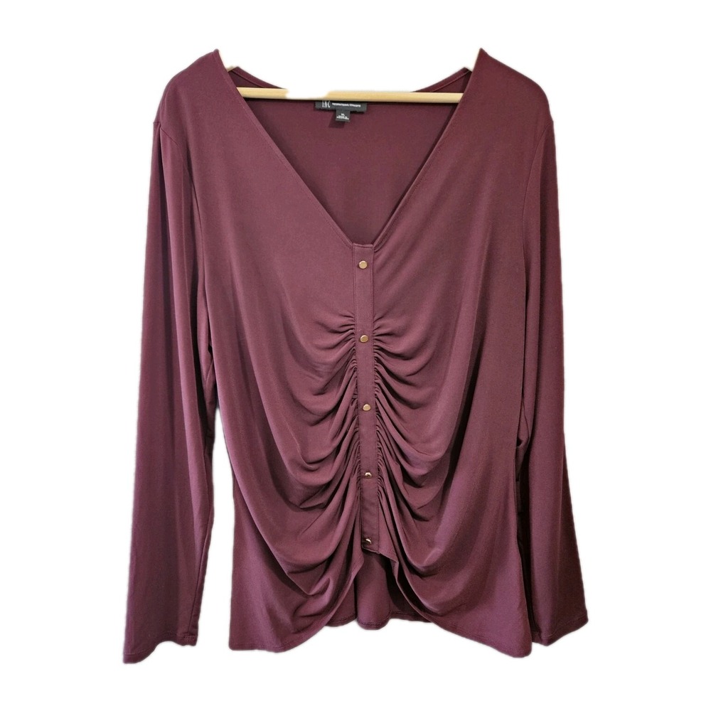 INC International Concepts Women's Burgundy Top XL Long Sleeve Gold Buttons EUC